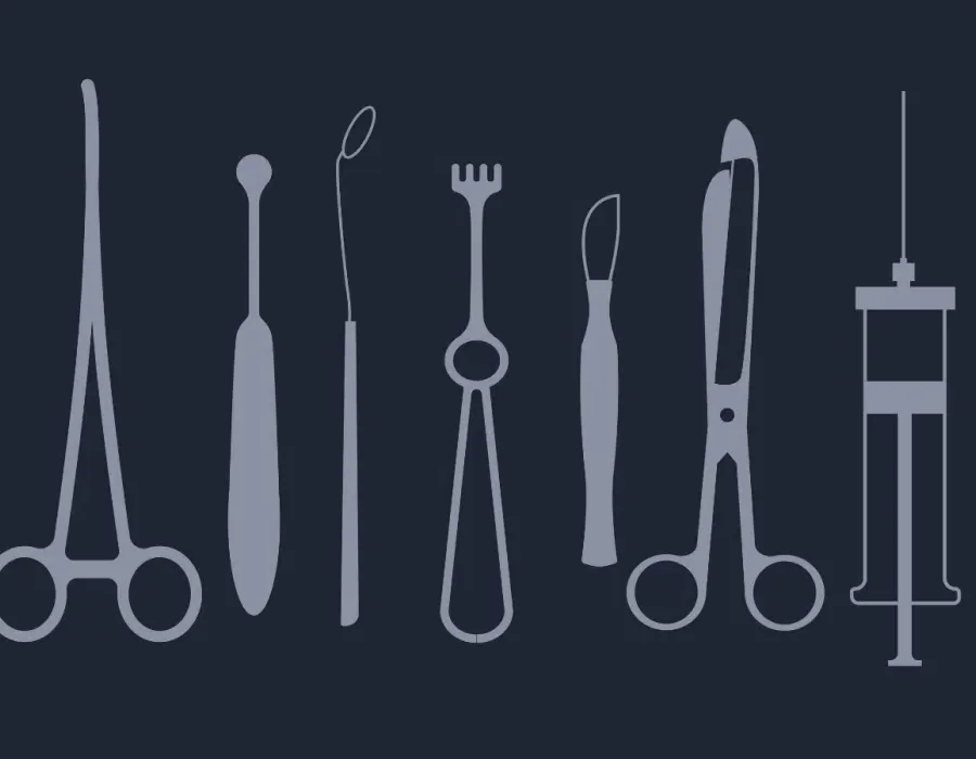 Graphic of several different types of surgical instruments laid out evenly on a tray